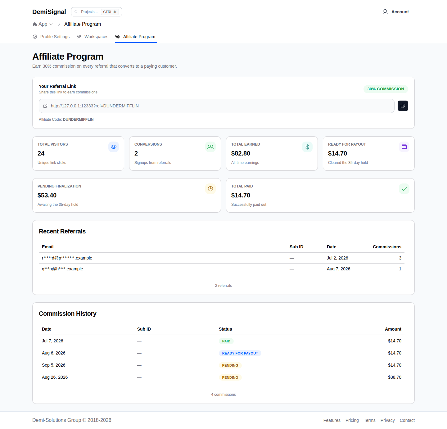 Affiliate dashboard with a referral link, visitors, conversions and commission totals