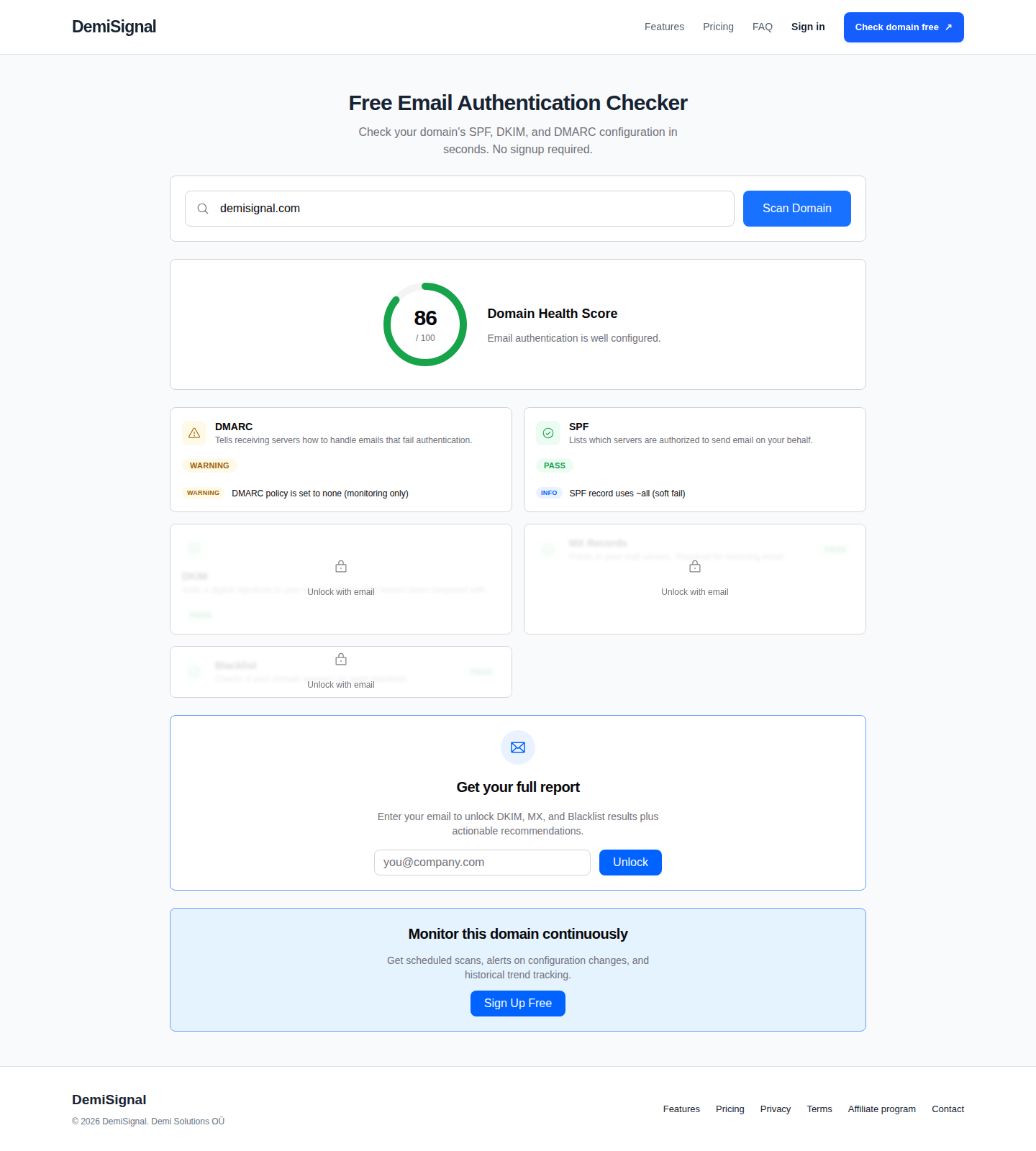 Free domain scan of demisignal.com: health score 86, DMARC warning for policy none, SPF pass